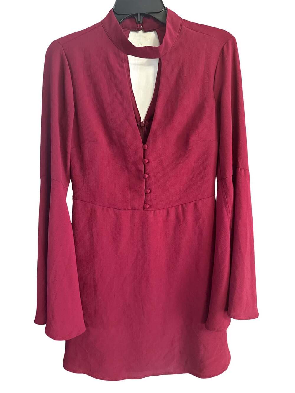 Socialite Dress Bell Sleeve Keyhole Burgundy M